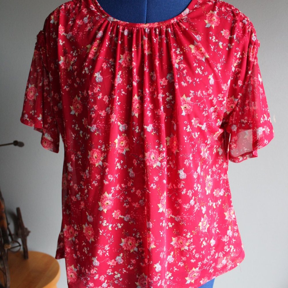 Women's Eyeshadow Red Floral Short Sleeve Blouse ~S~
